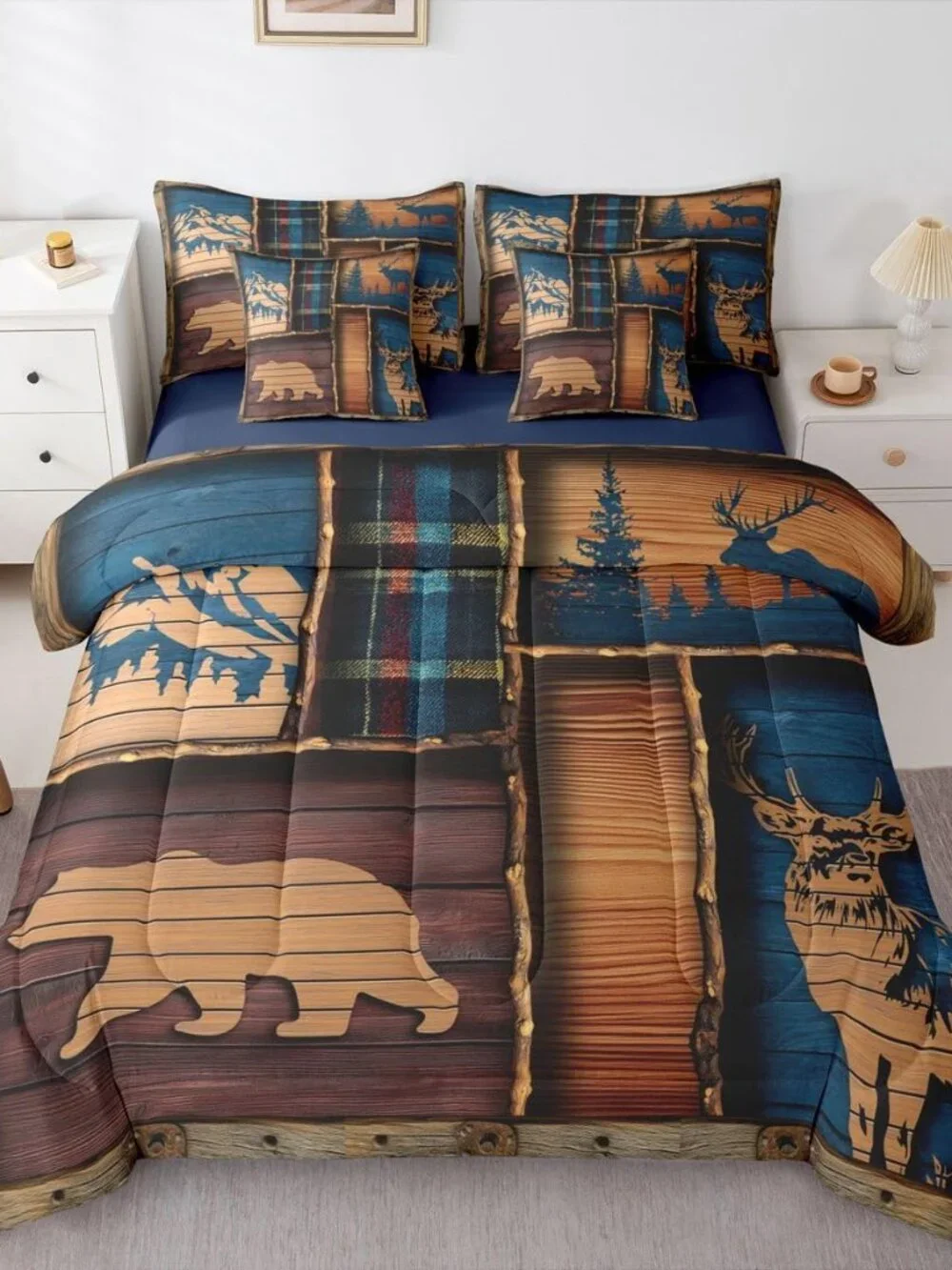 Rustic Cabin 7 Piece Bedding Set Queen Size Wild Bear Deer Comforter Set with Sh